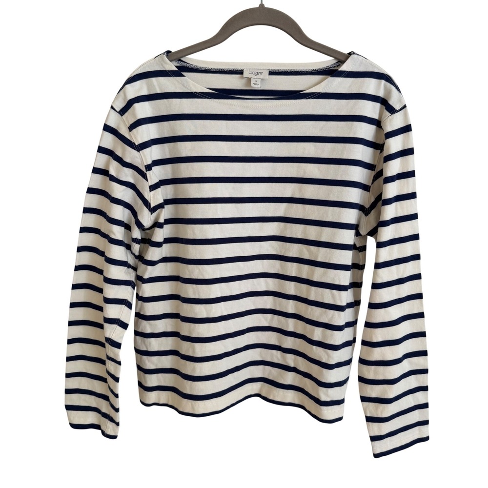 J.Crew Womens Small Ivory Navy Blue Striped Cotton Boat Neck Breton Top Long Slv